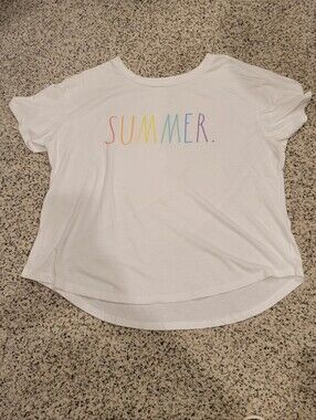 Rae Dunn SUMMER White Tee with Pastel Rainbow Letters